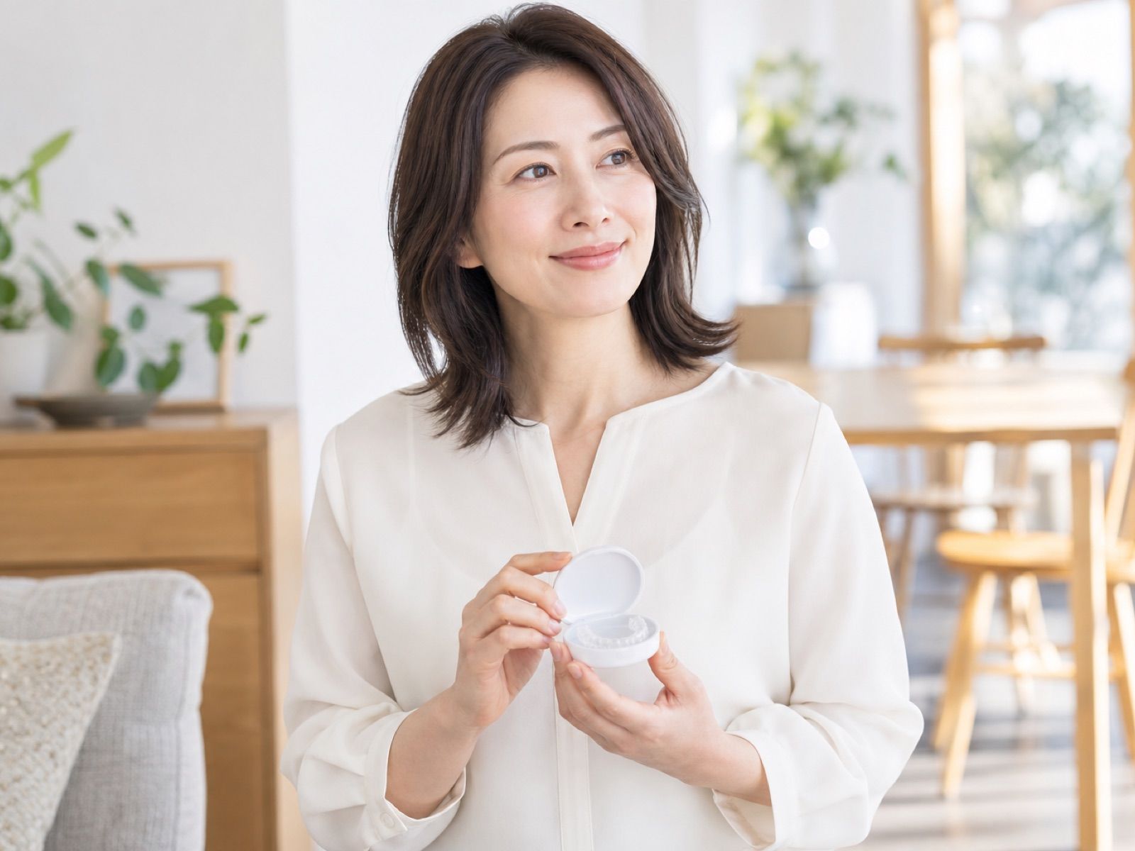 マウスピースのケースを手にした女性
